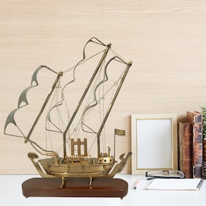 Brass Sailing Ship Model: Vintage Nautical Decor, 18&quot; Tall