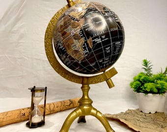 12" Vintage Weltkugel - 6" Antike orange Karte mit Messingständer | Schreibtisch- & Heimdekor-Geschenk.