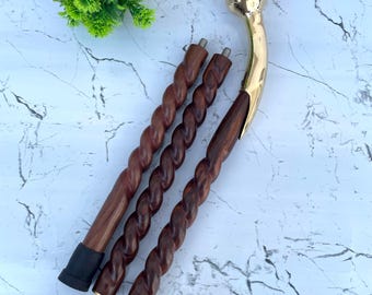 Gehstock mit Messinggriff – 2-Teilig, Handgefertigter Holzstock, Spiralschaft, Vintage-Stil
