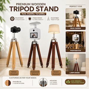 K&ouml;nnte beinhalten: Hochwertige Holzstative in Gelb, Teakholz und Braun. Die Stative tragen eine DSLR-Kamera, eine Fotobox und einen Lampenschirm. Sie bestehen aus massivem Holz und sind in H&ouml;he und Winkel verstellbar.