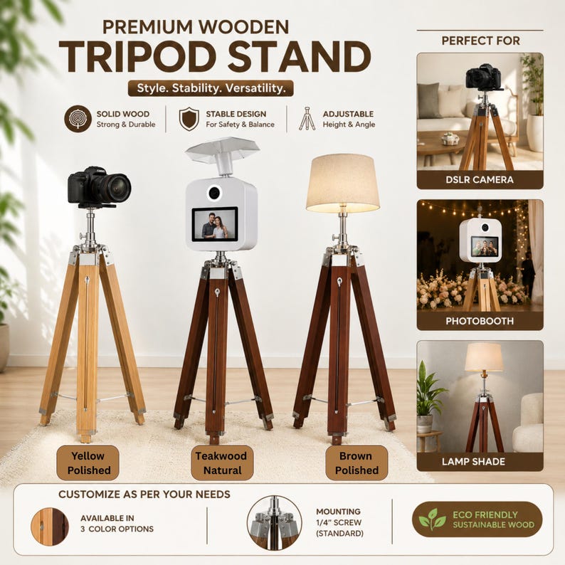 K&ouml;nnte beinhalten: Hochwertige Holzstative in Gelb, Teakholz und Braun. Die Stative tragen eine DSLR-Kamera, eine Fotobox und einen Lampenschirm. Sie bestehen aus massivem Holz und sind in H&ouml;he und Winkel verstellbar.