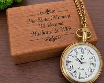 Vintage Messing Taschenuhr mit Kette | Personalisierte Holzbox oder Lederetui | Graviertes Geschenk für Männer, Vater, Jubiläum