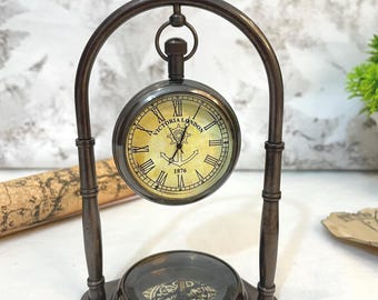 6″ Schreibtischuhr mit Kompass – Antike Messing Nautische Uhr | Vintage Victorian Steampunk Deko
