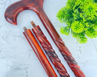 Faltbarer Holz Gehstock 37" 3-Fach Klappbar Geschnitzter Griff Reise Wanderstock Senioren Unterstützung Geschenk