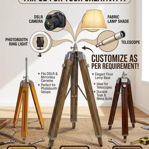 Vintage-style adjustable tripod stand handcrafted from premium teak wood with polished aluminium and nickel hardware. Features three sturdy wooden legs, an adjustable center column, and a height range of 25 to 50 inches. Ideal for DIY photo booths, DSLR cameras, floor lamps, studio décor, and nautical-inspired interiors. Handcrafted wooden tripod with a timeless industrial design.