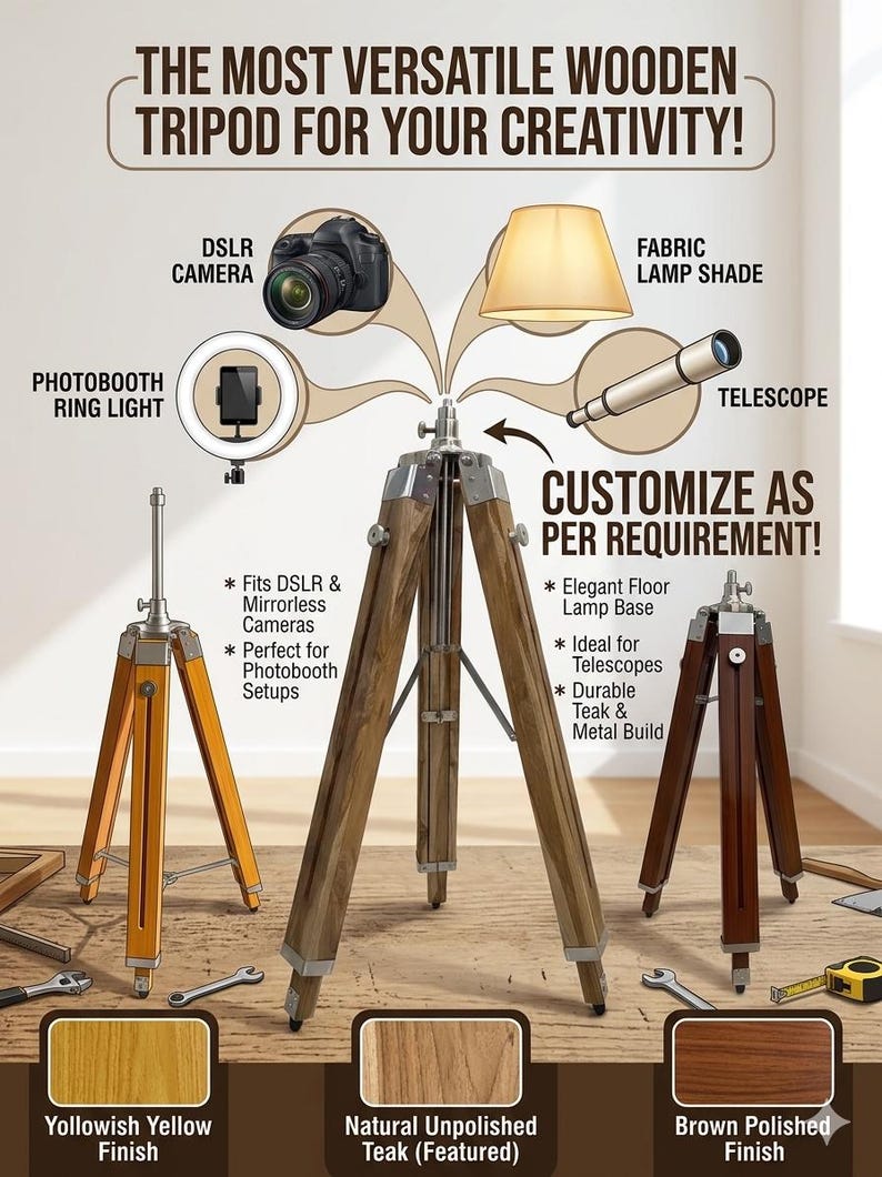 Vintage-style adjustable tripod stand handcrafted from premium teak wood with polished aluminium and nickel hardware. Features three sturdy wooden legs, an adjustable center column, and a height range of 25 to 50 inches. Ideal for DIY photo booths, DSLR cameras, floor lamps, studio décor, and nautical-inspired interiors. Handcrafted wooden tripod with a timeless industrial design.