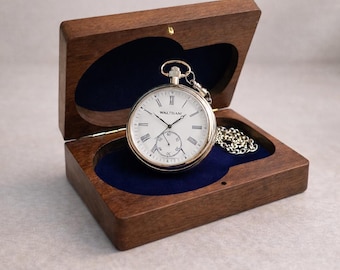 Orologio da Tasca Vintage Argento con Catena | Scatola in Legno o Astuccio in Pelle | Regalo Inciso Uomo, Matrimonio, Festa del Papà