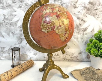 12" Vintage Weltkugel - 6" Antike orange Karte mit Messingständer | Schreibtisch- & Heimdekor-Geschenk.