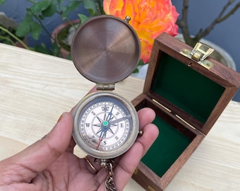 Antik Messing Kompass mit Holzbox – Vintage Nautischer Taschenkompass Geschenk