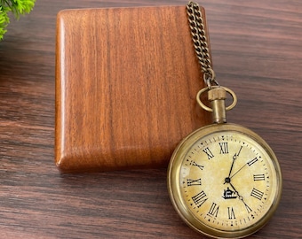 Personalized Brass Pocket Watch with Engraved Box - Vintage Style Gift