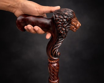 Handgeschnitzter Löwenkopf Gehstock, dunkelbrauner Eschenholzstab, elegantes Herren Accessoire
