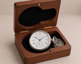 Vintage Silber Taschenuhr mit Kette | Personalisierte Holzbox oder Lederetui | Graviertes Geschenk für Männer, Hochzeit, Vatertag