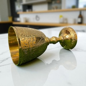 Hand-Engraved Solid Brass Goblet – 220 ml Wine Chalice – Medieval Style Drinking Cup – Brass Barware Gift