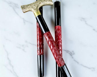 Faltbarer Spazierstock - Tiefes Rosa & Schwarz | 3-fach faltbar | Griff aus massivem Messing | Vintage Geschenk für Sie Ihn