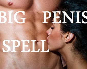 Op de afbeelding: Afbeelding met de tekst "BIG PENIS SPELL" in witte hoofdletters over de torso van een man. Een vrouw kust de torso van de man. De afbeelding is een suggestieve illustratie.