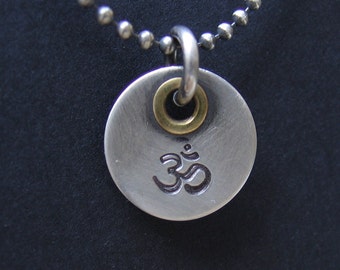 Riveted Sterling Silver Pendant Hindu Buddhist Om Aum Symbol with Handmade Rivet Hand Stamped Charm for Necklace or Bracelet