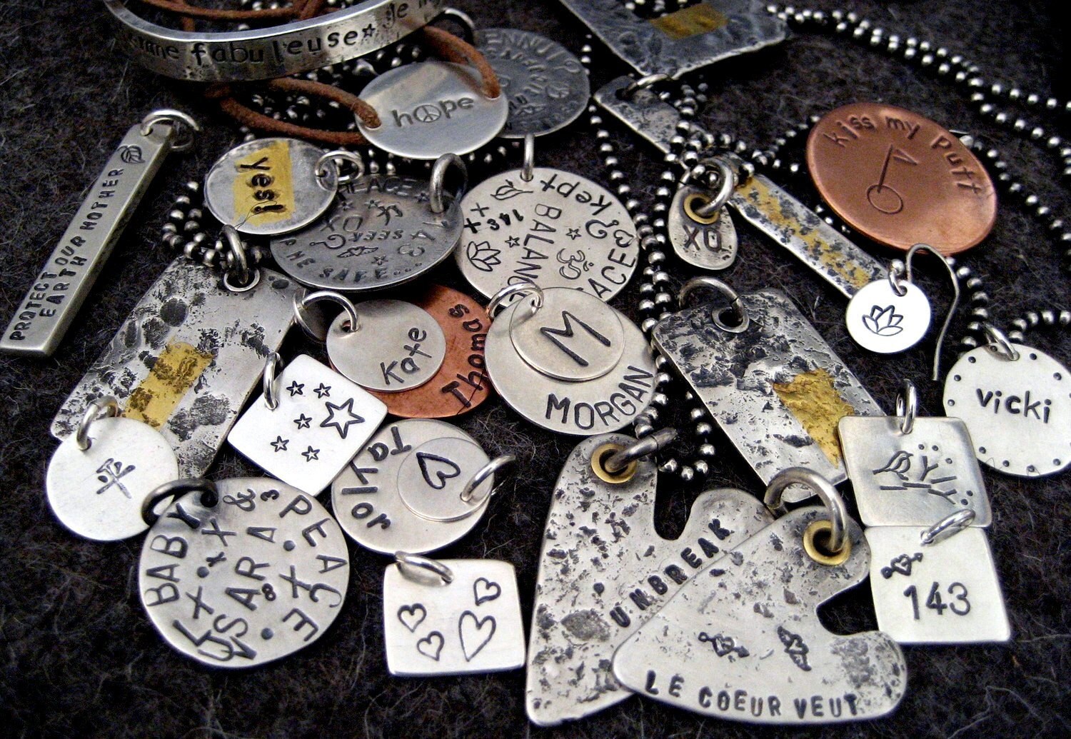 Personalized Jewelry hand stamped initial necklace pendant charm custom bracelet ID tag token letter stamp sterling silver gold copper metal