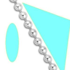 May include: A silver chain with round links against a light blue background. The chain is positioned diagonally across the image. There are two light blue shapes in the background, one is a triangle and the other is an oval.