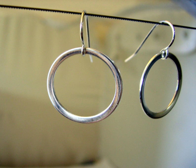 Handmade Sterling Silver Earrings Hoop Dangle Drop Open Circle Shape Round Hanging image 1