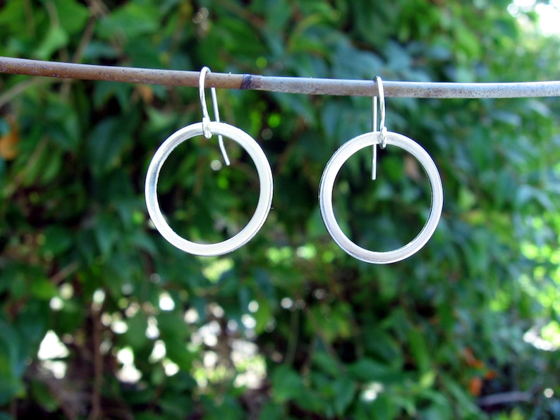 Handmade Sterling Silver Earrings Hoop Dangle Drop Open Circle Shape Round Hanging image 2