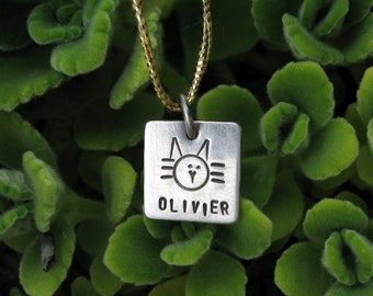 Cat Charm Custom Personalized Hand Stamped Sterling Silver Name  ID Tag Kitten Pendant for Metal Cat Necklace
