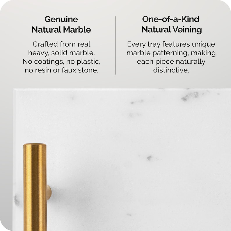 May include: A white marble tray with a gold-colored handle. The text on the image reads "Genuine Natural Marble" and "One-of-a-Kind Natural Veining". The tray is crafted from solid marble with unique veining patterns, making each piece distinctive.