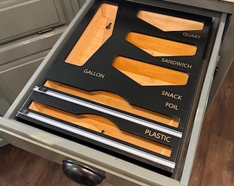 Black Bamboo Food Bag Organizer: Kitchen Drawer Wrap Dispenser with Cutter