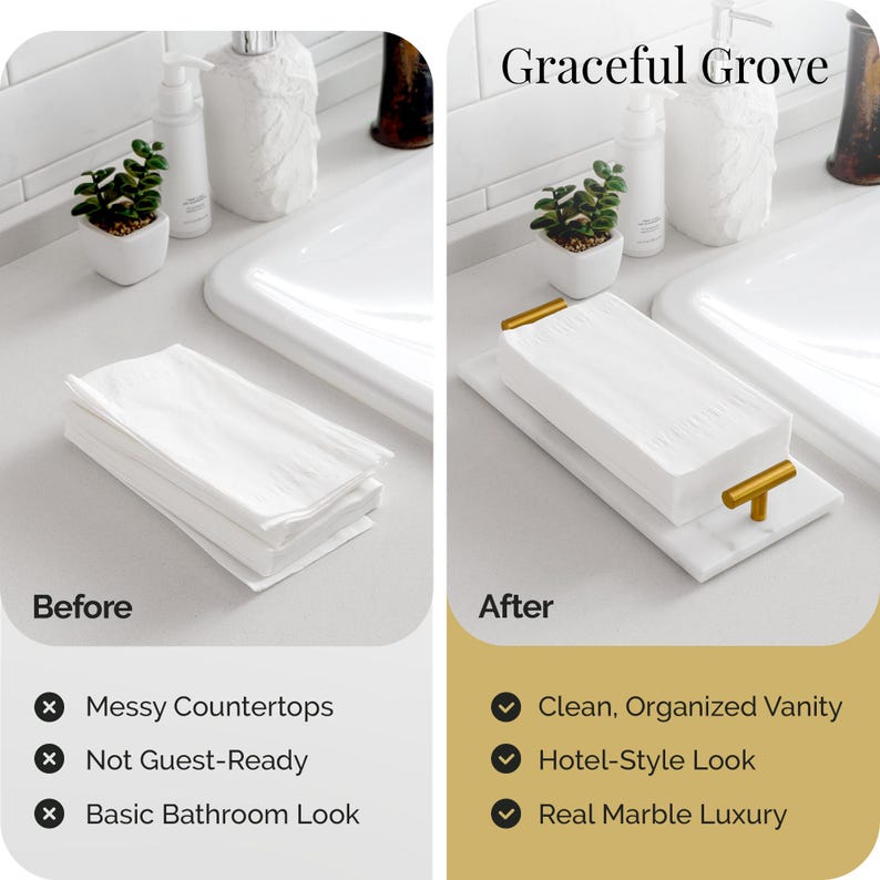 May include: A before-and-after image shows a bathroom countertop. Before, a stack of white folded towels sits on the counter. After, the towels are neatly arranged on a white marble tray with gold handles. The text "Graceful Grove" is at the top.