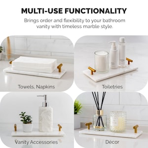 May include: A white marble tray with gold handles is shown with various bathroom accessories. The image includes text that reads "MULTI-USE FUNCTIONALITY" and "Brings order and flexibility to your bathroom vanity with timeless marble style."