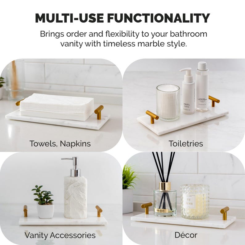 May include: A white marble tray with gold handles is shown with various bathroom accessories. The image includes text that reads "MULTI-USE FUNCTIONALITY" and "Brings order and flexibility to your bathroom vanity with timeless marble style."