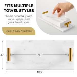 May include: A white marble tray with gold-colored handles, designed to hold guest towels. The tray is 10.5 inches long and 4.5 inches wide, with a 9-inch distance between the handles. Text on the image reads: "FITS MULTIPLE TOWEL STYLES" and "Quick & Easy Assembly."