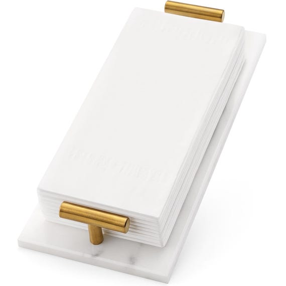 Marble Guest Towel Holder for Bathroom – Real Natural Marble Tray with Brass Handles, Counter Napkin Holder for Vanity, Includes Care Cloth