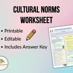 Puede incluir: Una hoja de trabajo imprimible y editable titulada "Hoja de trabajo sobre normas culturales" con un icono de lápiz amarillo. La hoja de trabajo incluye una definición de normas culturales, ejemplos de normas culturales y cómo se crean y cambian las normas culturales.