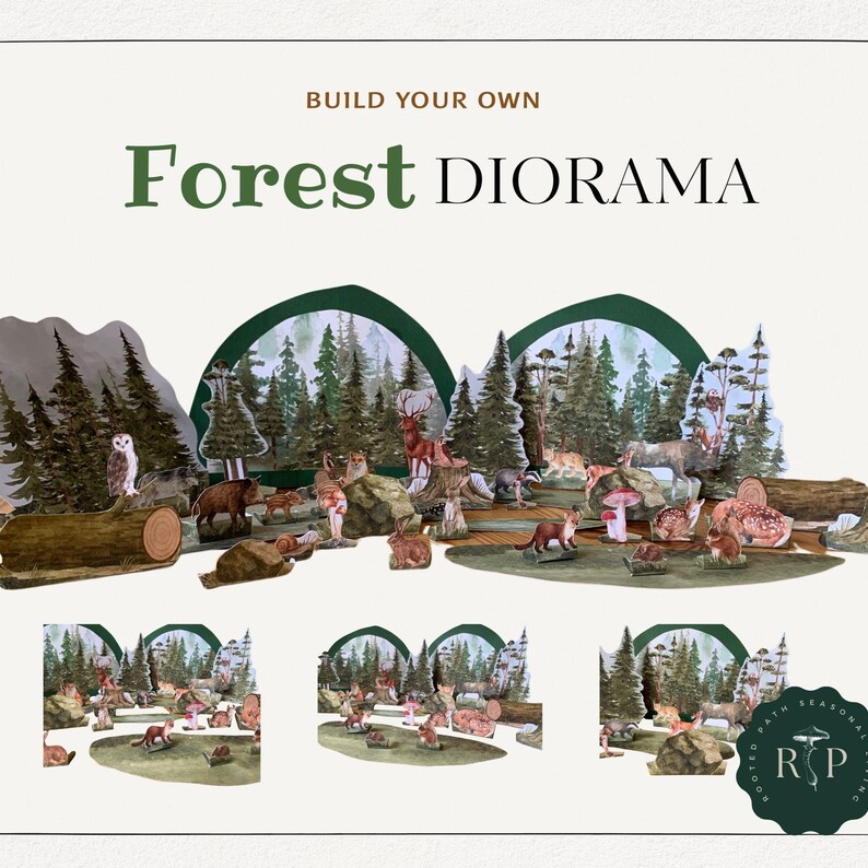 K&ouml;nnte beinhalten: Ein Wald-Diorama-Bausatz mit dem Text "Build Your Own Forest Diorama". Das Set enth&auml;lt Papierschnitte von B&auml;umen, Tieren und Waldelementen. Zu den Tieren geh&ouml;ren ein Hirsch, ein Fuchs, eine Eule, ein B&auml;r und ein Kaninchen. Das Diorama ist vor einer Kulisse aus B&auml;umen aufgebaut.