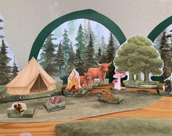 Dierenkampeerdiorama voor kinderen | Afdrukbaar campingdiorama | Doe-het-zelf papierkunst voor kinderen
