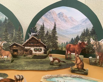 Afdrukbaar Alpenzomerdiorama | Paper Craft Alpine Mountain voor kinderen | Zomeralpen 3D-diorama | Afdrukbaar thuisonderwijs