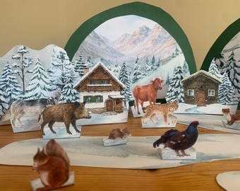 Afdrukbaar Alpenwinterdiorama | Paper Craft Alpine Mountain voor kinderen | Winterdorp 3D-diorama | Afdrukbaar thuisonderwijs