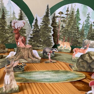 K&ouml;nnte beinhalten: Ein Diorama einer Waldszene mit Papierschnitten verschiedener Tiere, darunter ein Fuchs, ein Hirsch und ein Dachs. Der Hintergrund zeigt gemalte B&auml;ume und einen Teich, wodurch ein dreidimensionaler Effekt entsteht. Die Szene befindet sich auf einer Holzoberfl&auml;che.