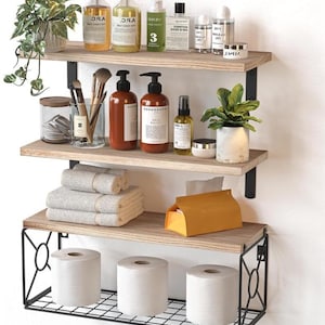 Set Of 3 Modern Bathroom Shelves With Storage Basket Shelf  | Rustic Shelves | Floating Shelves | Wall Hanging Shelf | Wall Mounted Shelf