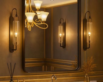 Black Rounded Rectangle Bathroom Mirror – Modern Metal Frame, 36x24 Inch