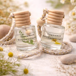 以下が含まれることがあります： 木製のキャップとロープハンガーが付いた、2つの小さな透明なガラス瓶。1つは「Sandalwood」、もう1つは「Chamomile」と表示されています。どちらにも植物が含まれています。 デイジーと小石に囲まれ、自然でスパのような美しさを演出しています。