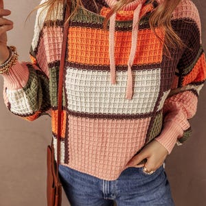 I AM A Fashion Junky Orange Color Block Waffle Knit Drawstring Mock Neck Sweater