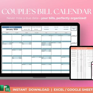 Op de afbeelding: Een digitale kalender op een laptopscherm met de titel "Couple's Bill Calendar" en de maand januari 2024. De kalender is ontworpen om koppels te helpen hun rekeningen en vervaldagen bij te houden. De afbeelding toont ook een tablet en een smartphone met vergelijkbare kalenders.