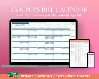 Couples Bill Calendar Spreadsheet | Monthly Payment Tracker (Google Sheets Download)