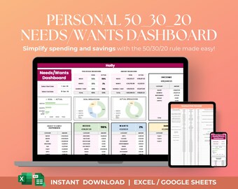 50/30/20 Budget Dashboard Google Sheets | Finance Tracker (Digital Download)