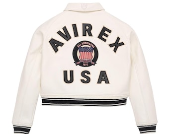 Handmade Avirex White Cowhide Leather Cropped Military Bomber Jacket