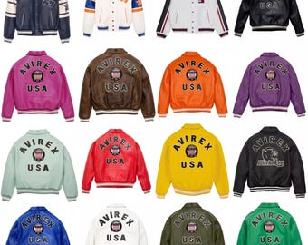 Chaqueta bomber de piel de vaca Avirex hecha a mano para hombre / Estilo universitario