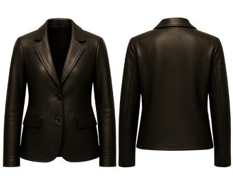 Handmade Leather Blazer for Women – Cowhide Black Leather, Tailored Fit, Elegant Minimalist Fashion
