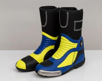 Handmade Neon Yellow & Blue Motorcycle Boots - Men's Leather Cyberpunk Biker Shoes - Protective Track Gear - Custom Electric Riding Boots