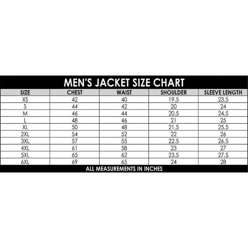May include: A size chart for men's jackets, showing chest, waist, shoulder, and sleeve length measurements in inches.